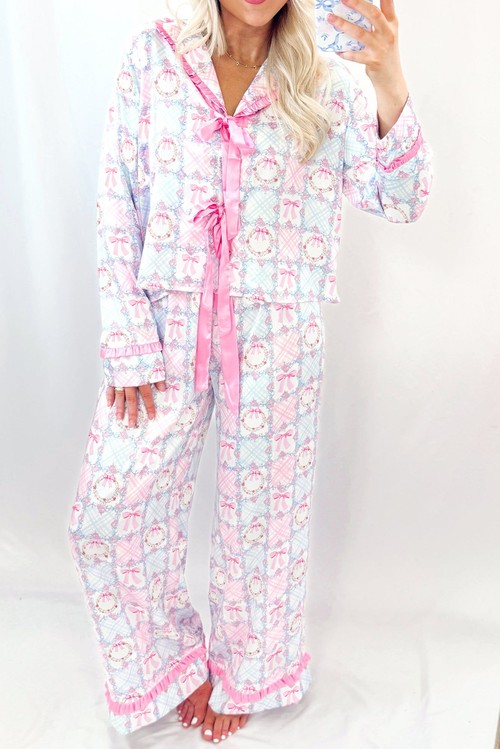Pink Bow Wreath Pattern Christmas Holiday Tied Front Long Sleeve