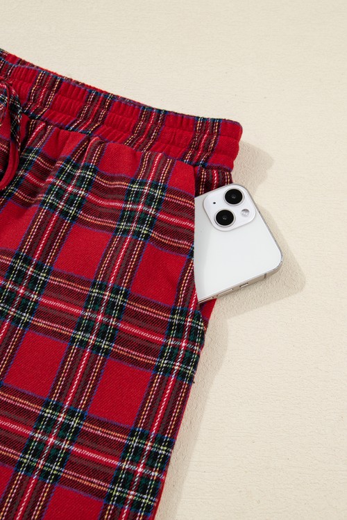 Red Plaid Contrast Patched Christmas Holiday Long Sleeve Shirt and