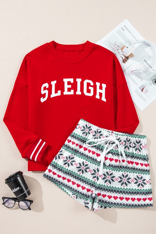 Fiery Red SLEIGH Snowflake Print Long Sleeve Wide Leg Lounge
