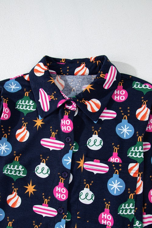 Navy Blue Colorful Christmas Lights Print Shirt and Pants Pajama