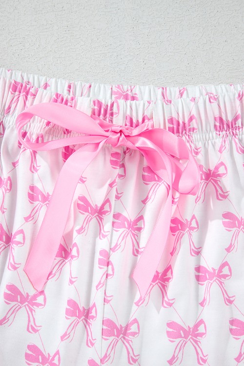 Pink Bowknot Printed Short Sleeve and Ruffled Shorts Pajama Set