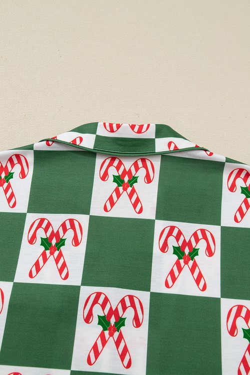 Green Holly Jolly Checkered Pattern 2pcs Long Pajama Set