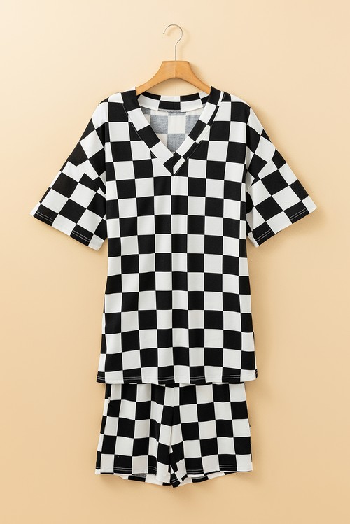 Black Checkerboard Print V Neck Loose Tee and Shorts Lounge