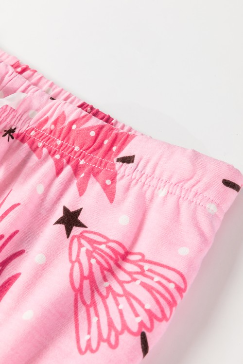 Pink Christmas Tree Print V Neck Buttoned Pullover and Drawstring