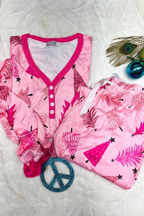 Pink Christmas Tree Print V Neck Buttoned Pullover and Drawstring