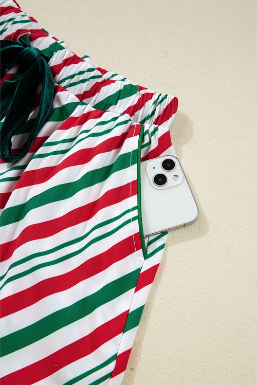 Green Stripe Contrast Velvet Ribbon Knot Christmas 2pcs Pajama Set