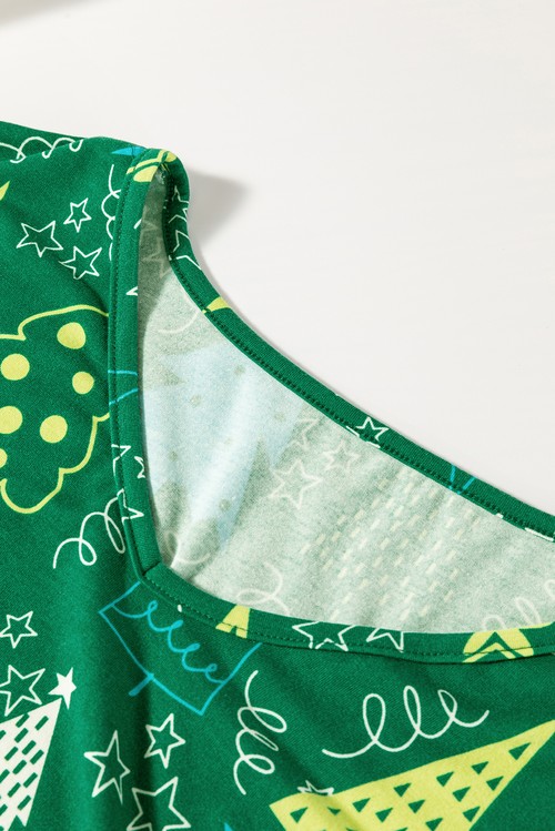 Green Christmas Tree Print V Neck Tee and Pants Lounge