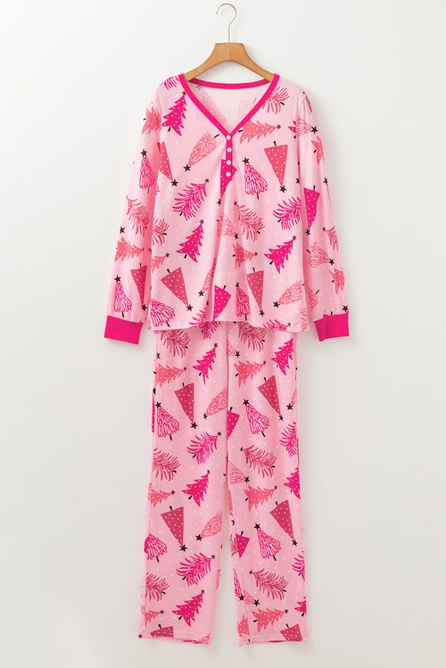 Pink Christmas Tree Print V Neck Buttoned Pullover and Drawstring