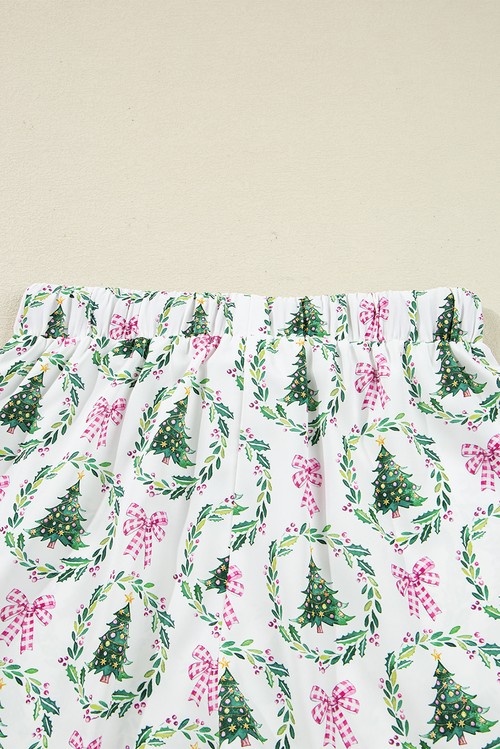 Green Christmas Fashion Print Velvet Trim Bow Knot Pajama 2pcs