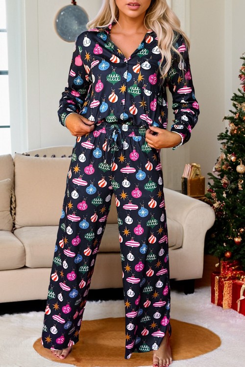 Navy Blue Colorful Christmas Lights Print Shirt and Pants Pajama
