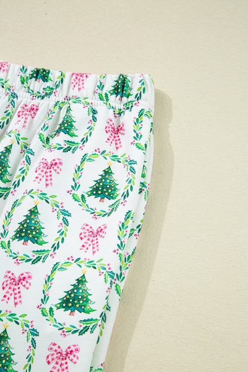 Green Bow Christmas Tree Print Contrast Striped Banding 2pcs Lounge
