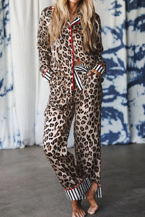 Khaki Leopard Print Colorblock Striped Edge Shirt and Pants Pajama