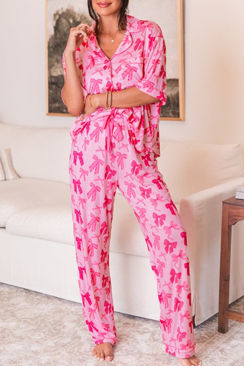 Pink Bow Knot Print Lapel Collar Short Sleeve and Pants