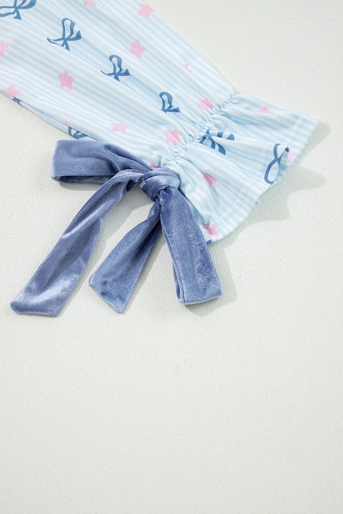 Sky Blue Stripe Bow Star Print Tied Detail 2pcs Lounge