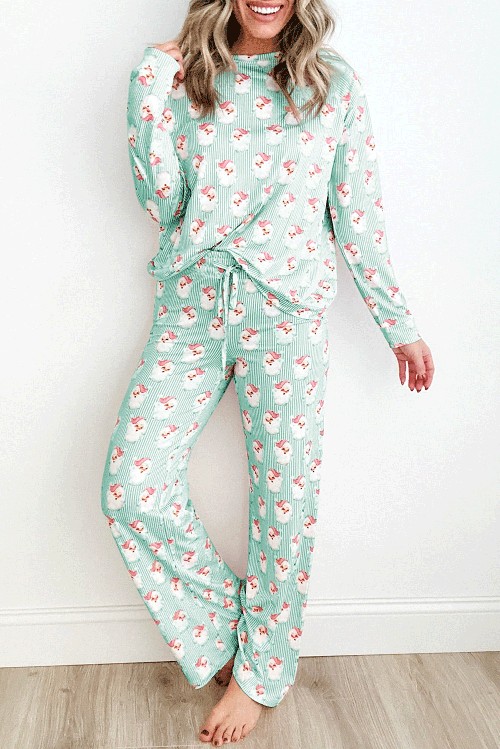 Green Santa Claus Striped Print Loose Fit Two Piece Lounge