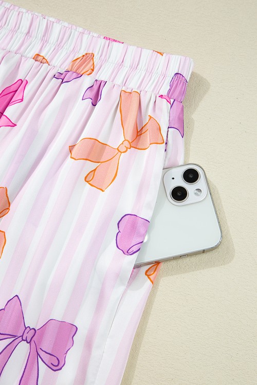 Pink Striped Bow Print Contrast Piping Trim Shirt and Pants