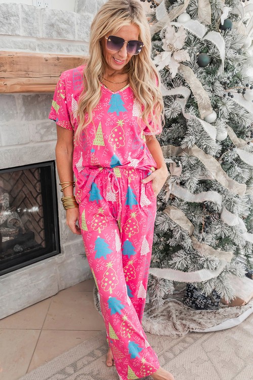 Rose Christmas Tree Print V Neck Tee and Pants Lounge