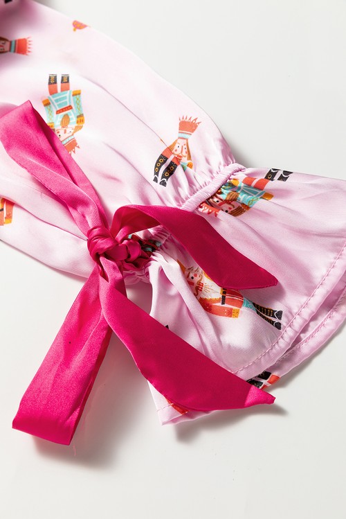 Pink Nutcracker Print Contrast Trim Tied up Bow Silky 2pcs