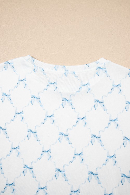 Sky Blue Bow Knot Geometric Print Lettuce Trim Two Piece