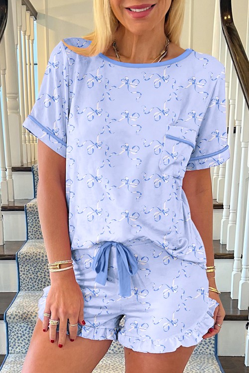 Sky Blue Bow Printed Ruffled Short Lounge Set
