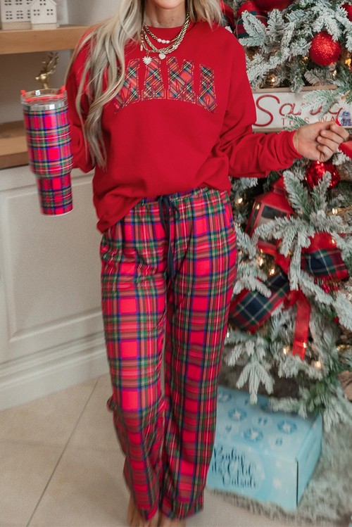 Red Plaid Mama Graphic Christmas Holiday Crewneck Pullover and Pants