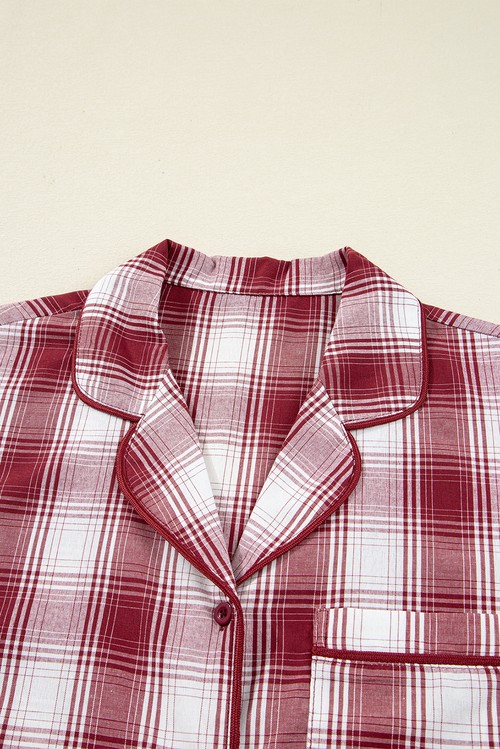 Red Retro Plaid Long Sleeve Shirt Drawstring Shorts 2pcs Lounge