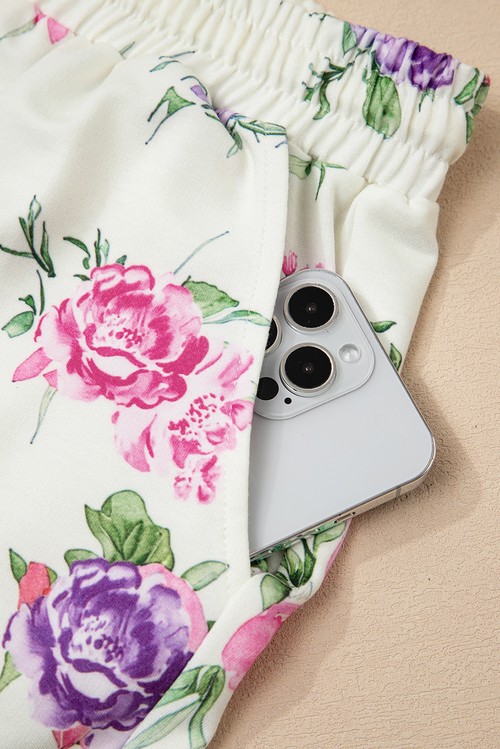 Apricot Floral Print Pullover Drawstring Lounge Pants Set