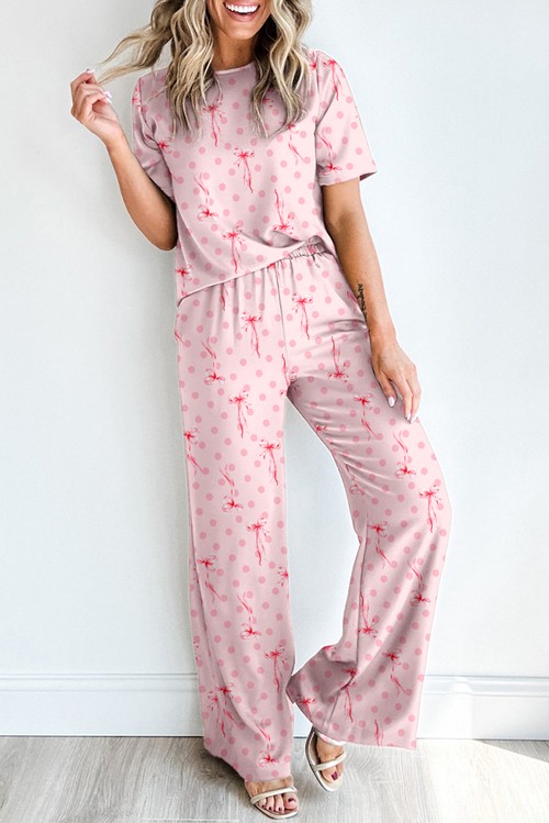 Pink Bow Knot Polka Dot Print Short Sleeve Top Lounge
