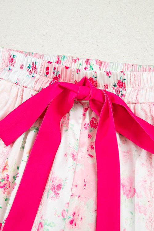 Pink Mixed Floral Print Contrast Piping Trim Satin Tie 2pcs