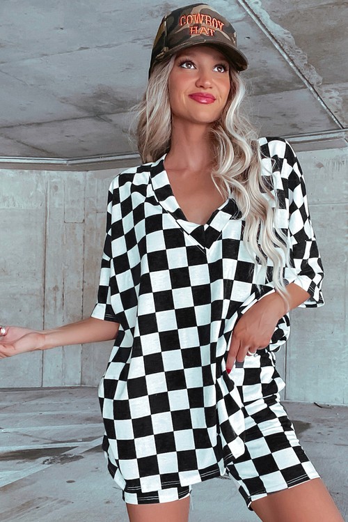 Black Checkerboard Print V Neck Loose Tee and Shorts Lounge