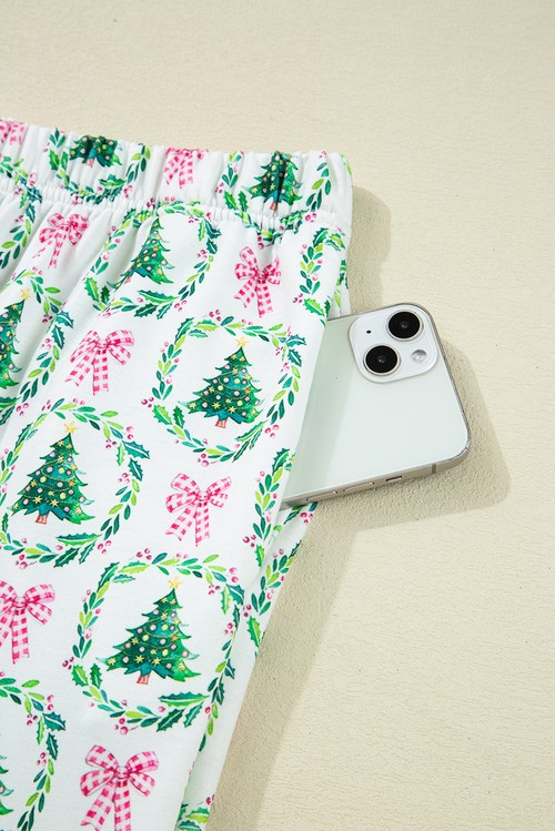 Green Bow Christmas Tree Print Contrast Striped Banding 2pcs Lounge