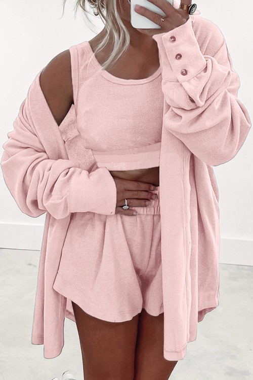 Light Pink 3 Pcs Crop Tank Top Shorts with Cardigan