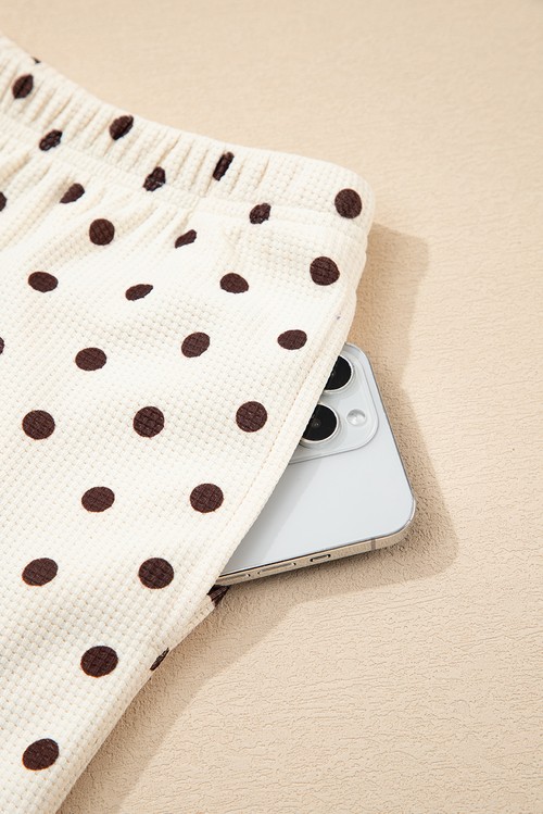 White Polka Dot Print Notched Neck Long Sleeve Top Drawstring