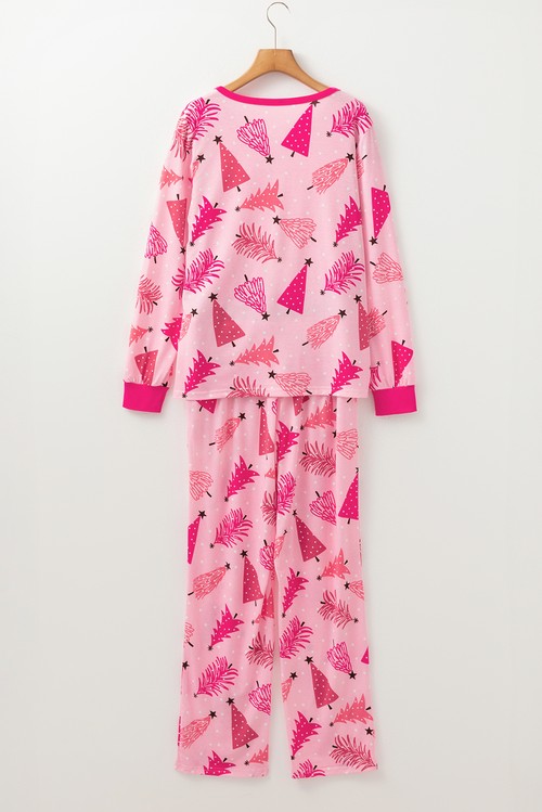 Pink Christmas Tree Print V Neck Buttoned Pullover and Drawstring