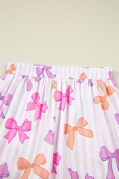 Pink Striped Bow Print Contrast Piping Trim Shirt and Pants