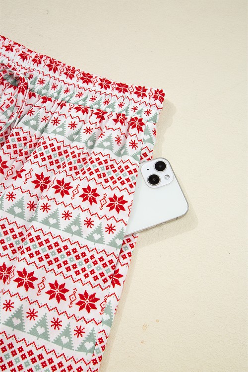 White Christmas Pattern Print Shirt Style Long 2pcs Pajama Set