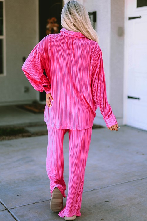 Rose Pleated Long Sleeve Shirt and Wide Leg Pants Set