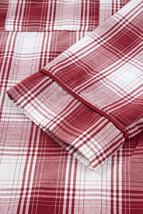 Red Retro Plaid Long Sleeve Shirt Drawstring Shorts 2pcs Lounge