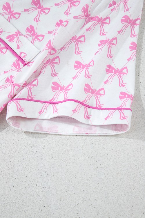 Pink Bowknot Printed Short Sleeve and Ruffled Shorts Pajama Set