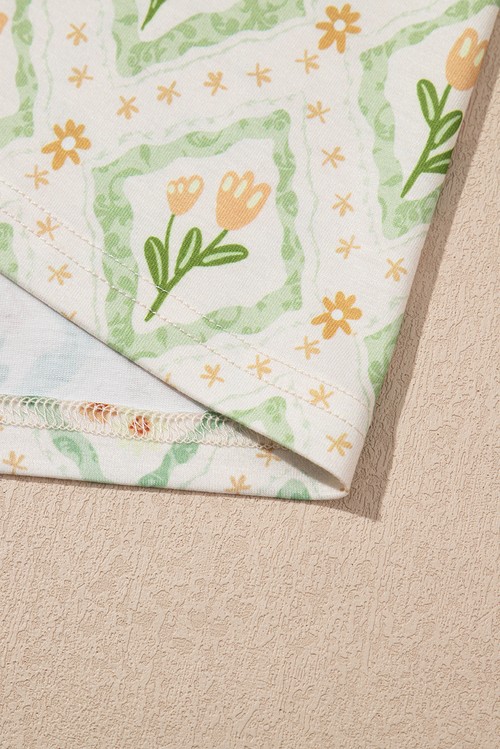 Green Floral Print Turn down Collar Short Pajamas Set