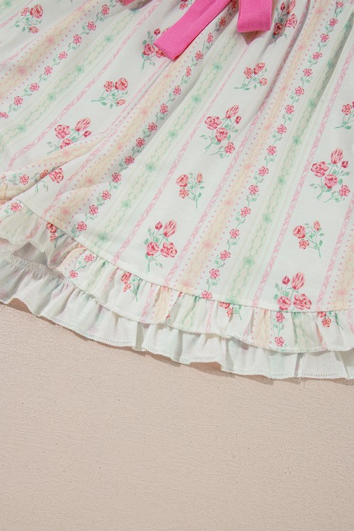 Beige Floral Print Contrast Pipping Short Pajamas Set
