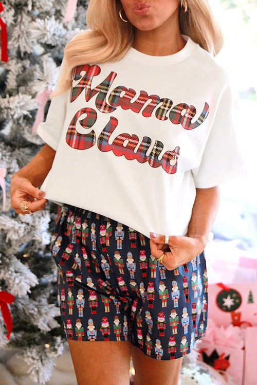 Pink Mama Claus Plaid Letter Tee Nutcracker Shorts 2pcs Lounge