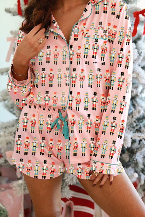 Pink Nutcracker March Long Sleeve Button Up 2pcs Pajama Short