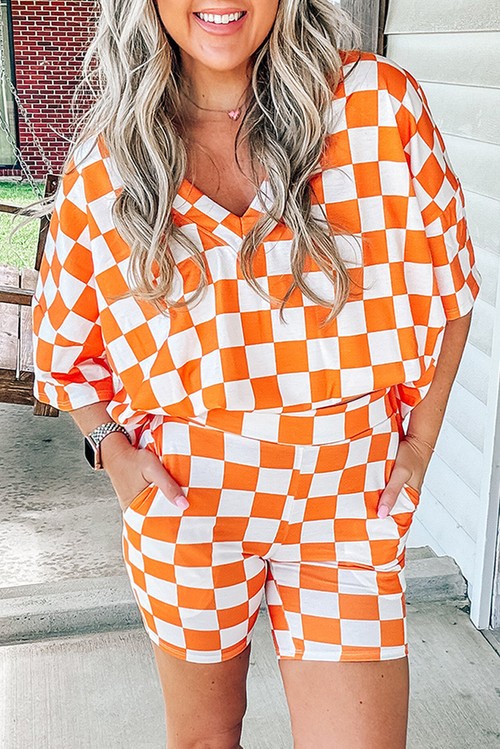 Orange Checkerboard Print V Neck Loose Tee and Shorts Lounge