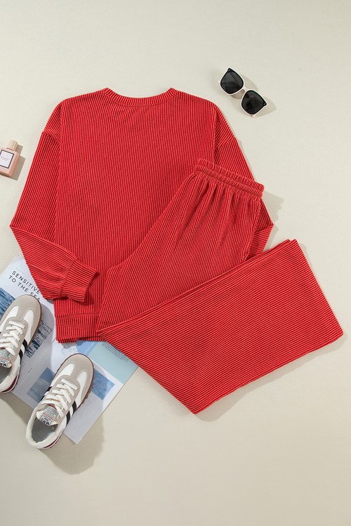 Fiery Red JOLLY Corded Long Sleeve Top and Pockets Pants