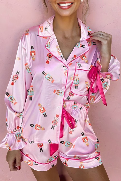 Pink Nutcracker Print Contrast Trim Tied up Bow Silky 2pcs