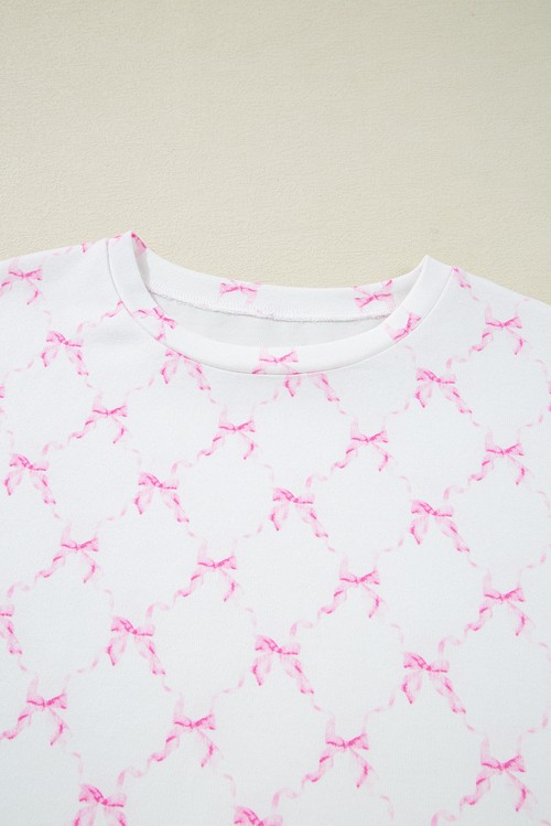 Pink Bow Knot Geometric Print Lettuce Trim Two Piece Lounge