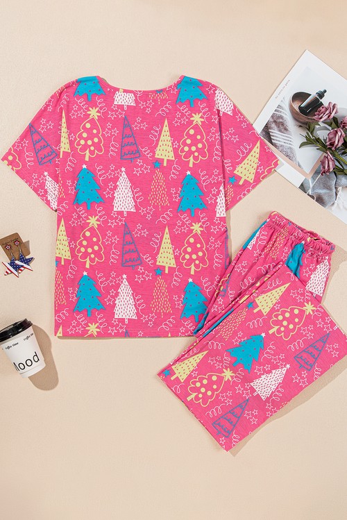 Rose Christmas Tree Print V Neck Tee and Pants Lounge