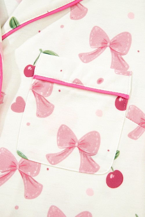 Beige Bow Fruit Print Contrast Pipping Short Pajamas Set