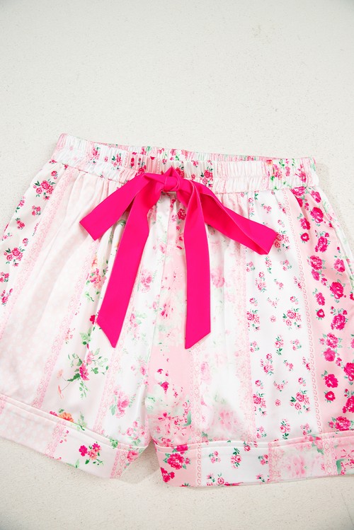 Pink Mixed Floral Print Contrast Piping Trim Satin Tie 2pcs